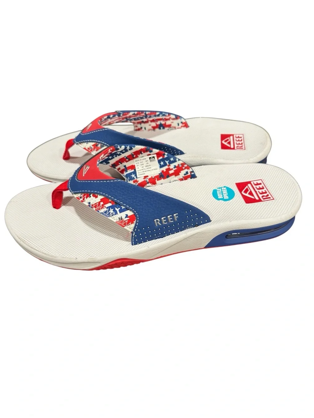 Reef Fanning Flip Flops Mens 10 Patriotic Red White Blue Bottle Opener American